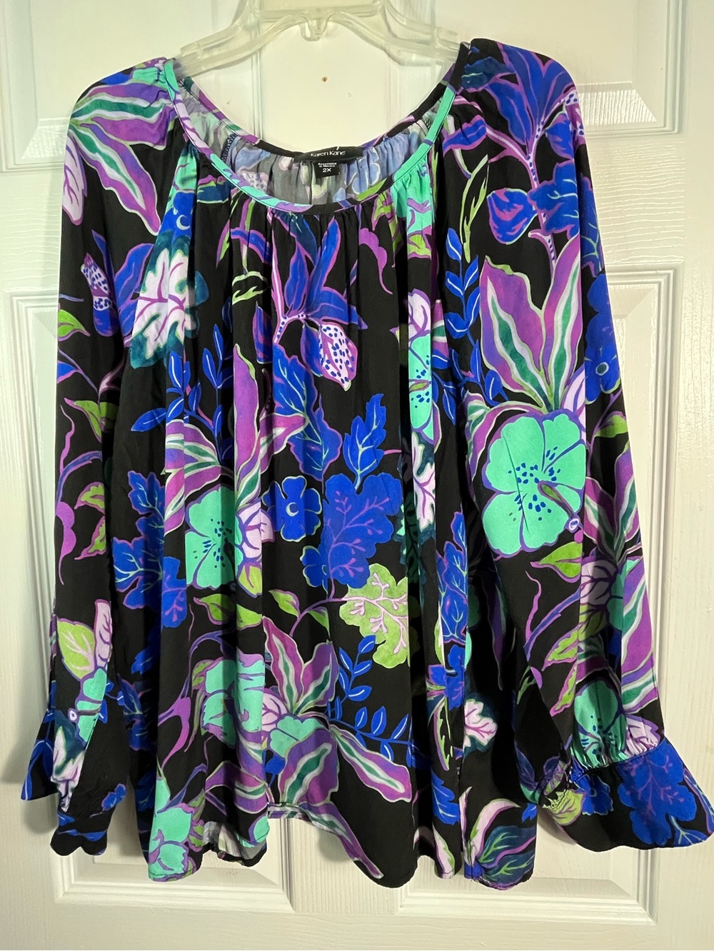 Karen Kane Peasant Blouse in Black with Blue, Purple & Mint Floral Print 2X